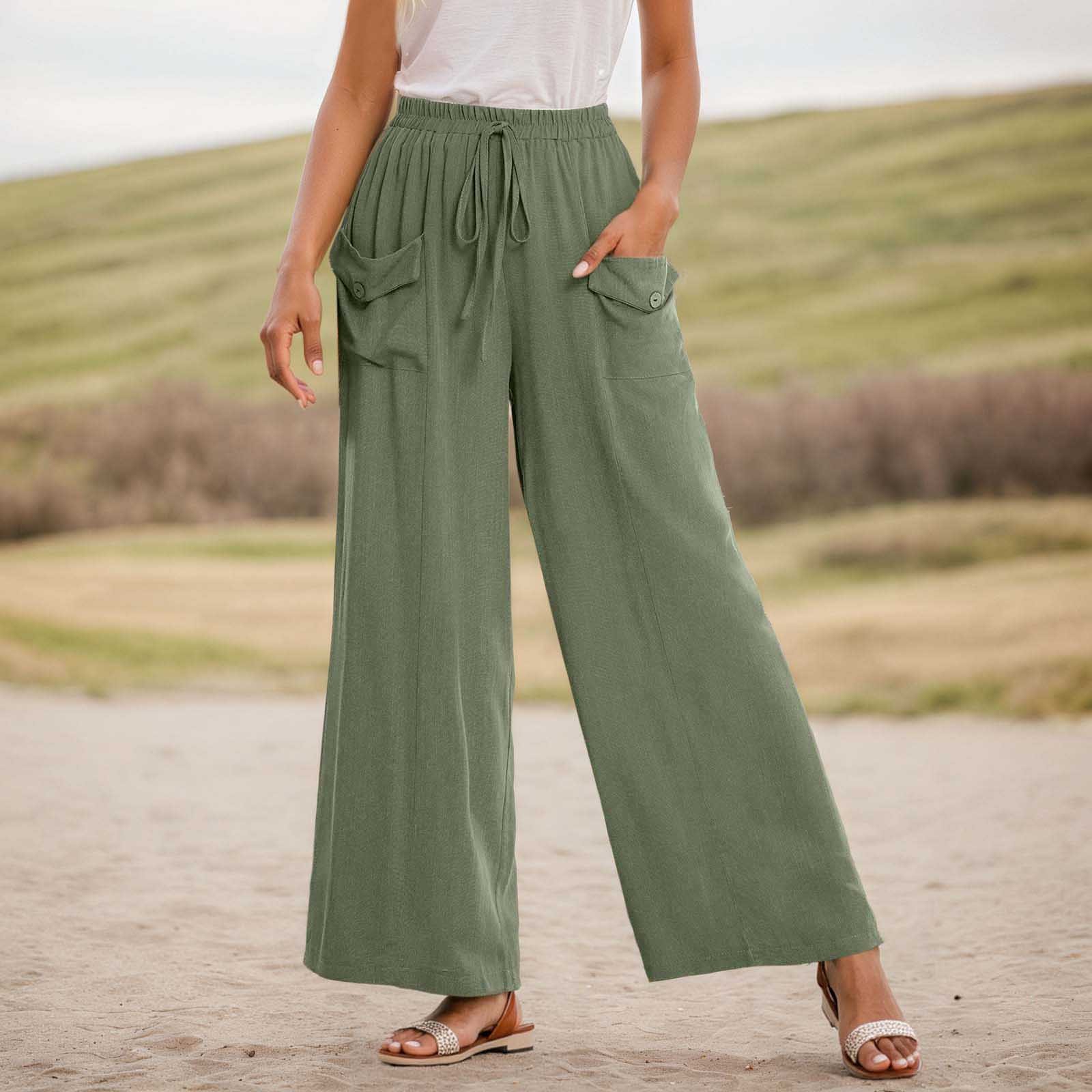 thumbnail image 2 of Pantalones casuales de pierna recta para mujer: bolsillos laterales, mezcla de lino, para todas las estaciones, vacaciones/uso diario, cintura elástica, fácil cuidado., 2 of 6